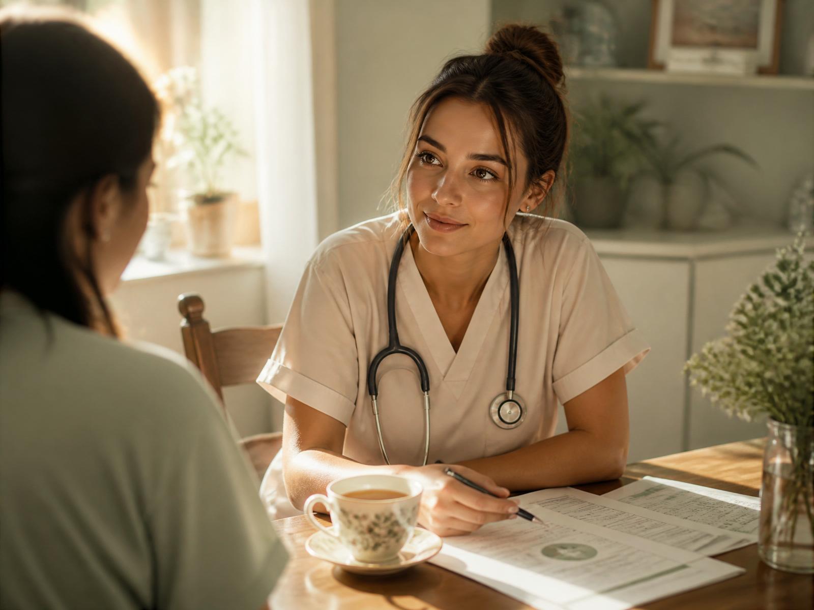 A nurse care manager meeting with a family member at a warmly lit table